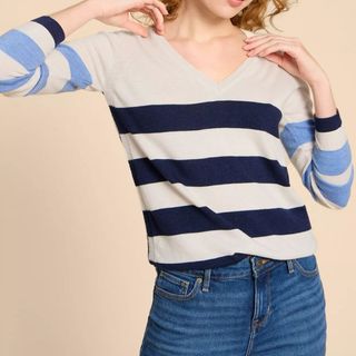 navy and oatmeal striped sweater