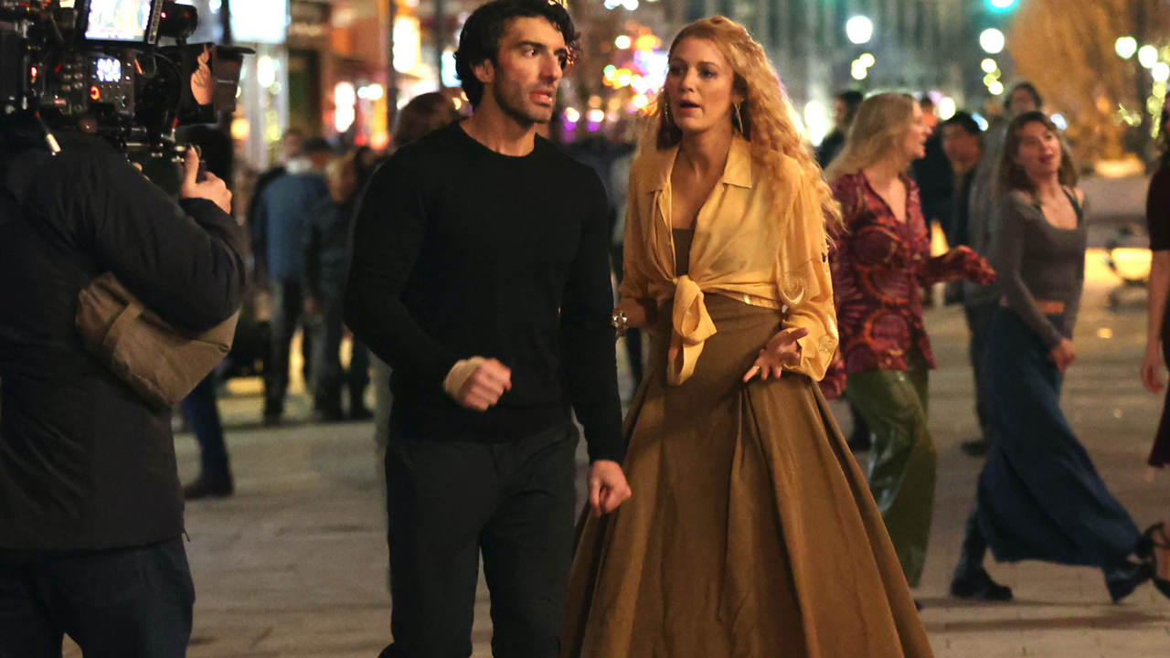 Justin Baldoni and Blake Lively are seen on the set of &#039;It Ends with Us&#039; on January 12, 2024 in Jersey City, New Jersey.