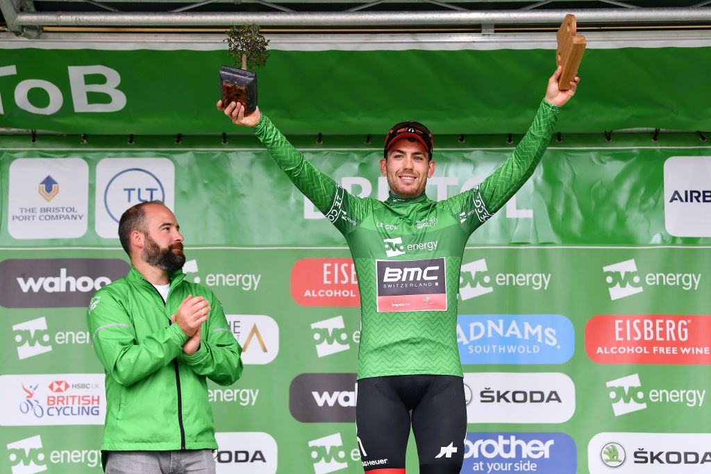 Patrick Bevin (BMC) in the green leader's jersey in Tour of Britain