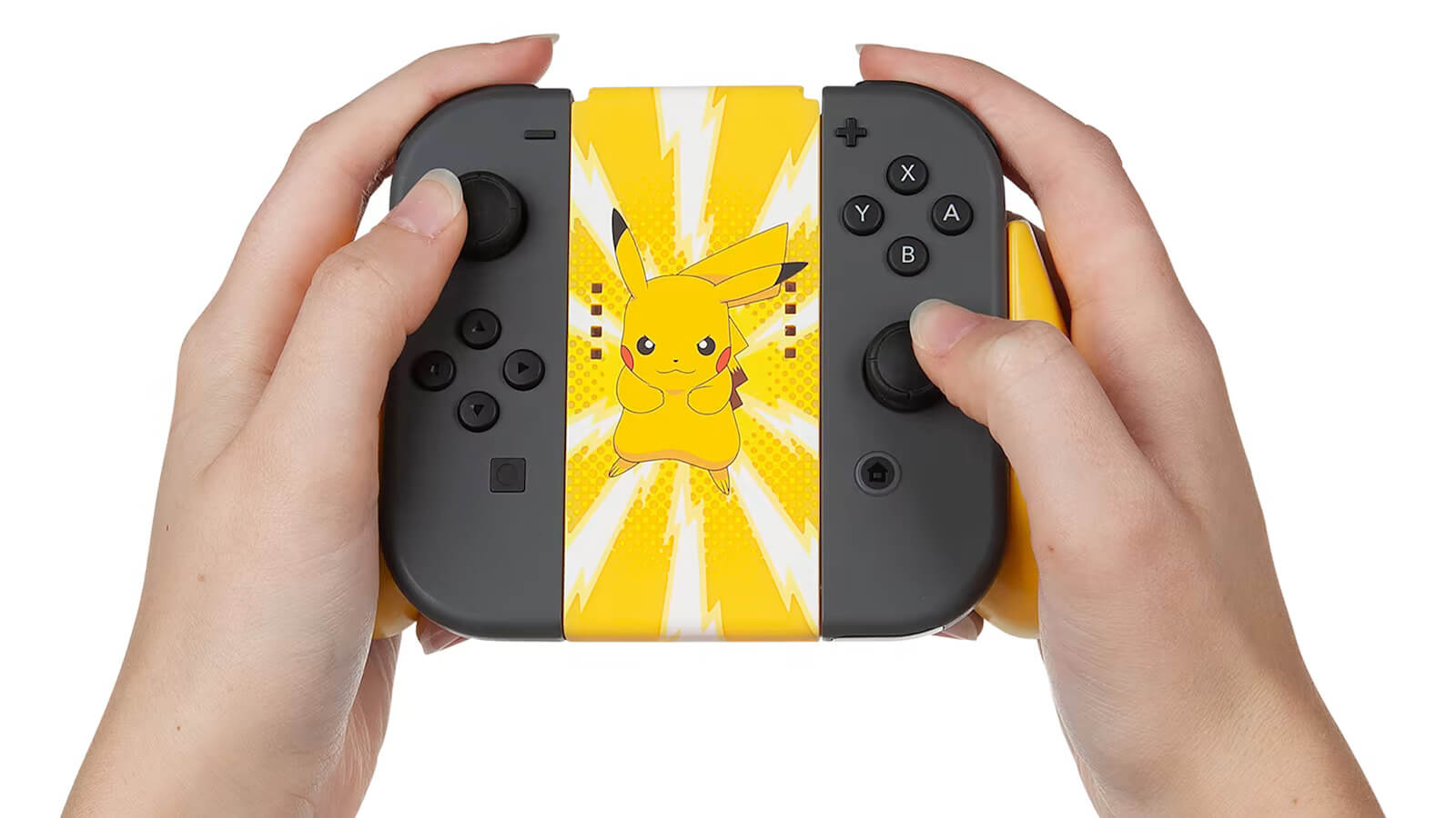 A customised Pokemon Joy-Con grip with Joy-Cons attached and someone's hands on the controller