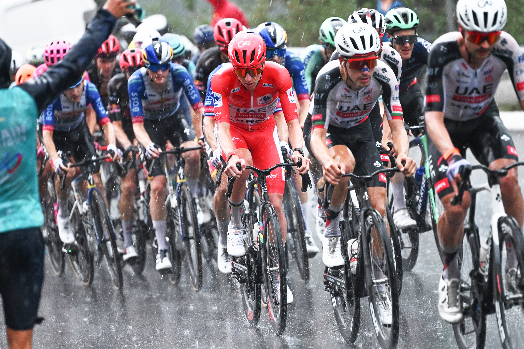 FONT-ROMEU, FRANCE - AUGUST 24: Tadej Pogacar of Slovenia and UAE Team Emirates XRG - Red Leader Jersey competes during the La Vuelta - 81st Tour of Spain 2026, Stage 3 a 174km from Gruissan - Aude to Font Romeu 1941m / #UCIWT / on August 24, 2026 in Font Romeu, France. (Photo by Tim de Waele/Getty Images)