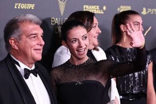 FC Barcelona's Spanish president Joan Laporta (L) and FC Barcelona's Spanish midfielder Aitana Bonmati pose prior to the 2023 Ballon d'Or France Football award ceremony at the Theatre du Chatelet in Paris on October 30, 2023.