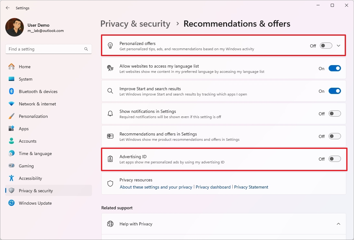 Disable Recommendations & offers