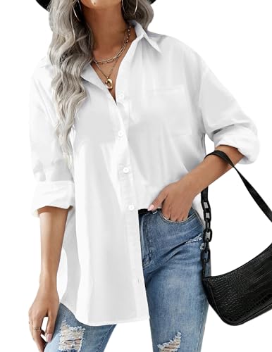 Hotouch Womens Button Down Casual Loose Fit Cotton Work Linen Blouse Shirt With Pocket White, Large, Long Sleeve