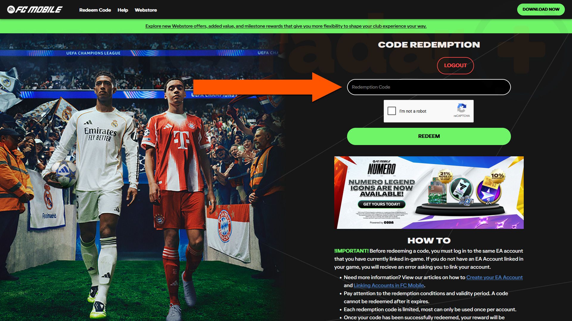 Using the website to redeem FC Mobile codes