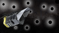 A satellite is seen against the background of space. Lots of black holes are illustrated among the background, too.