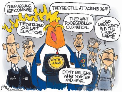 Political cartoon U.S. Russia investigation Trump NSA FBI Homeland security collusion