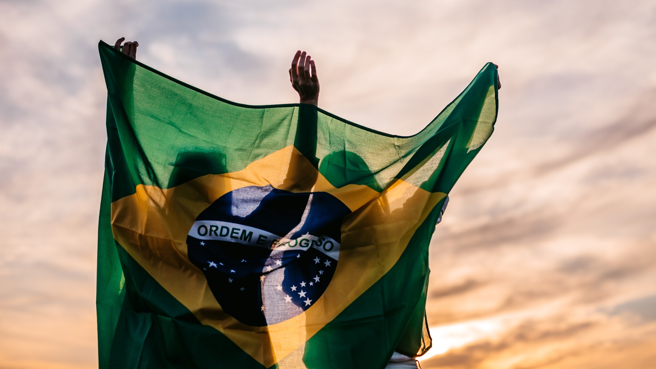Two, young, females, holding Brazilian flag high on wind. Standing on the meadow at sunset. Rear view.