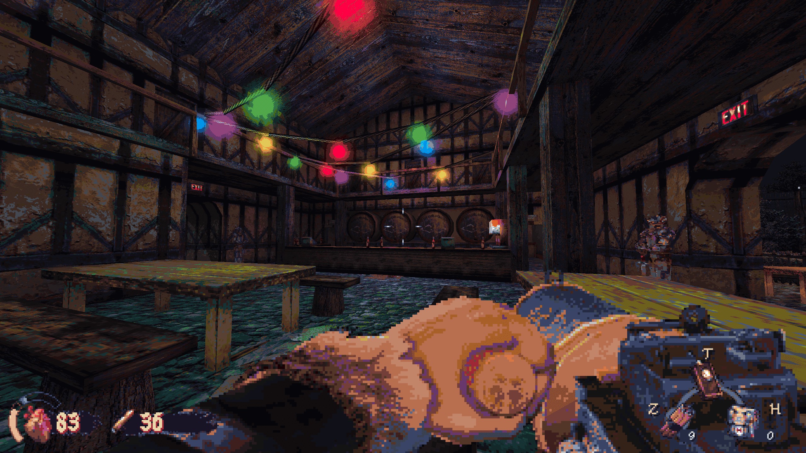 Cultic view of German beer hall lit with christmas lights