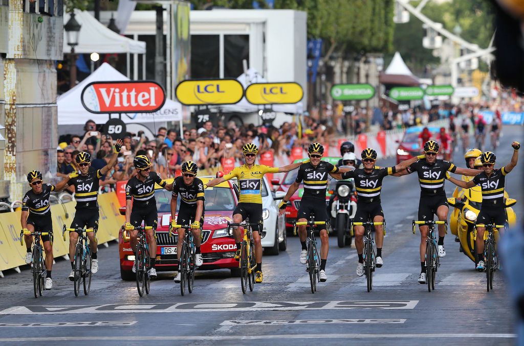 Team Sky enjoy the moment and cross the line together