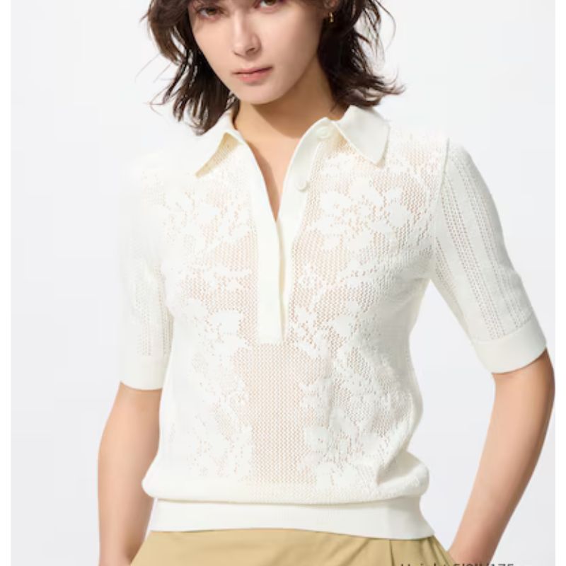 Uniqlo, Cotton Crochet Polo Jumper in Off White