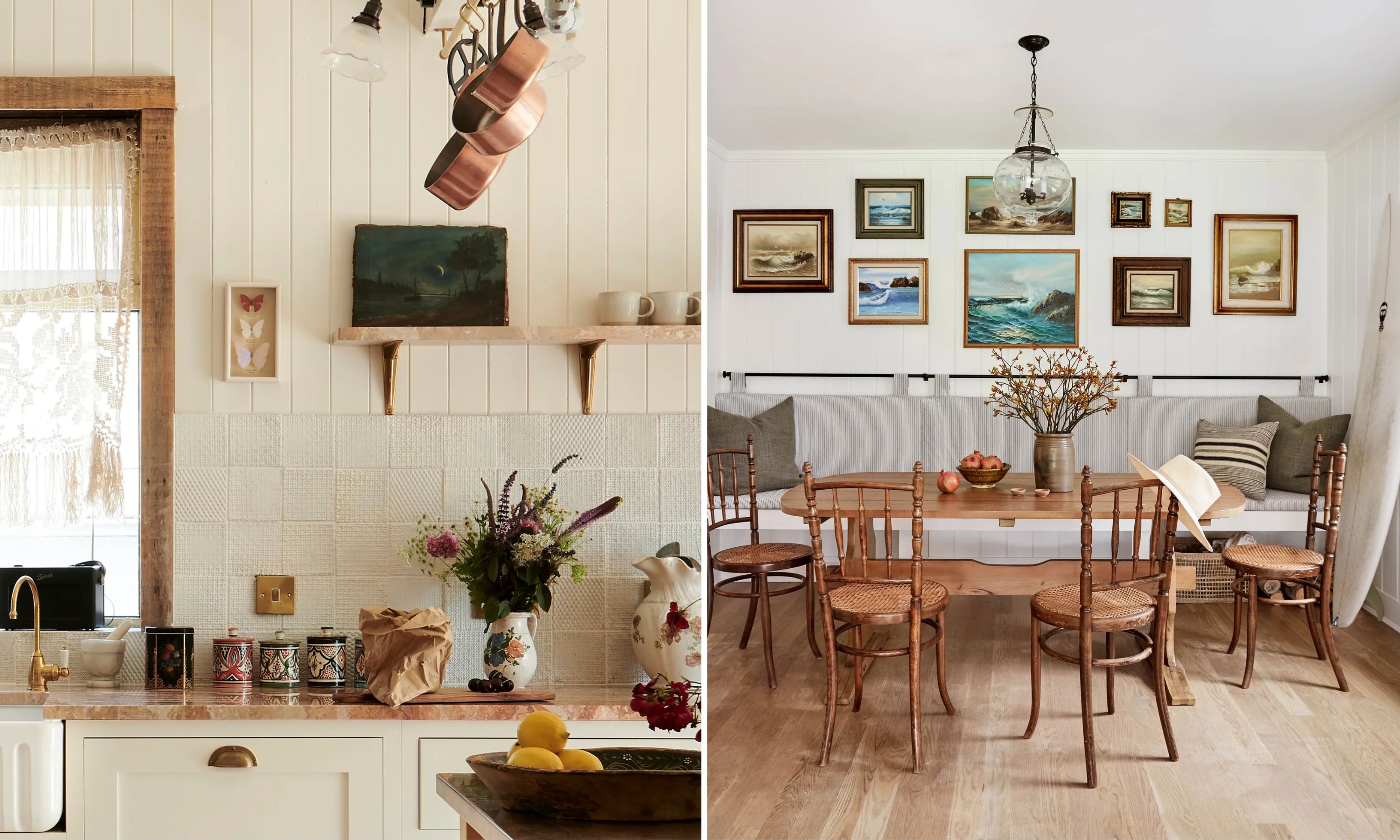 Two-panel coastal cottage interior. Left: kitchen with marble counters, wildflowers, and hanging copper pots. Right: dining table, vintage chairs, seascape gallery wall, and a surfboard in the corner.