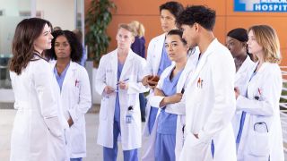 Some of the cast, wearing scrubs and white coats, gather for a briefing in "Grey's Anatomy" season 20