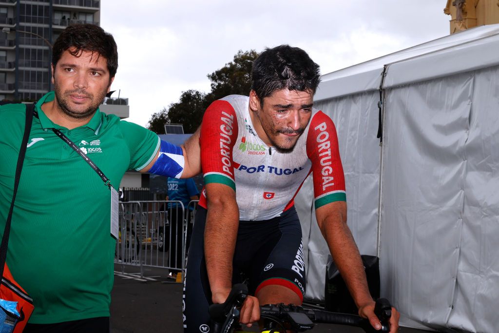 WOLLOGONG AUSTRALIA SEPTEMBER 23 Silver medalist Antnio Morgado of Portugal reacts after the 95th UCI Road World Championships 2022 Men Junior Road Race a 1356km race from Wollongong to Wollongong Wollongong2022 on September 23 2022 in Wollongong Australia Photo by Con ChronisGetty Images