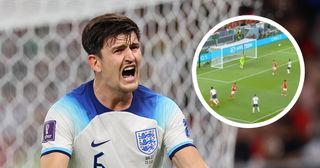 Harry Maguire of England reacts during the FIFA World Cup Qatar 2022 Group B match between Wales and England at Ahmad Bin Ali Stadium on November 29, 2022 in Doha, Qatar