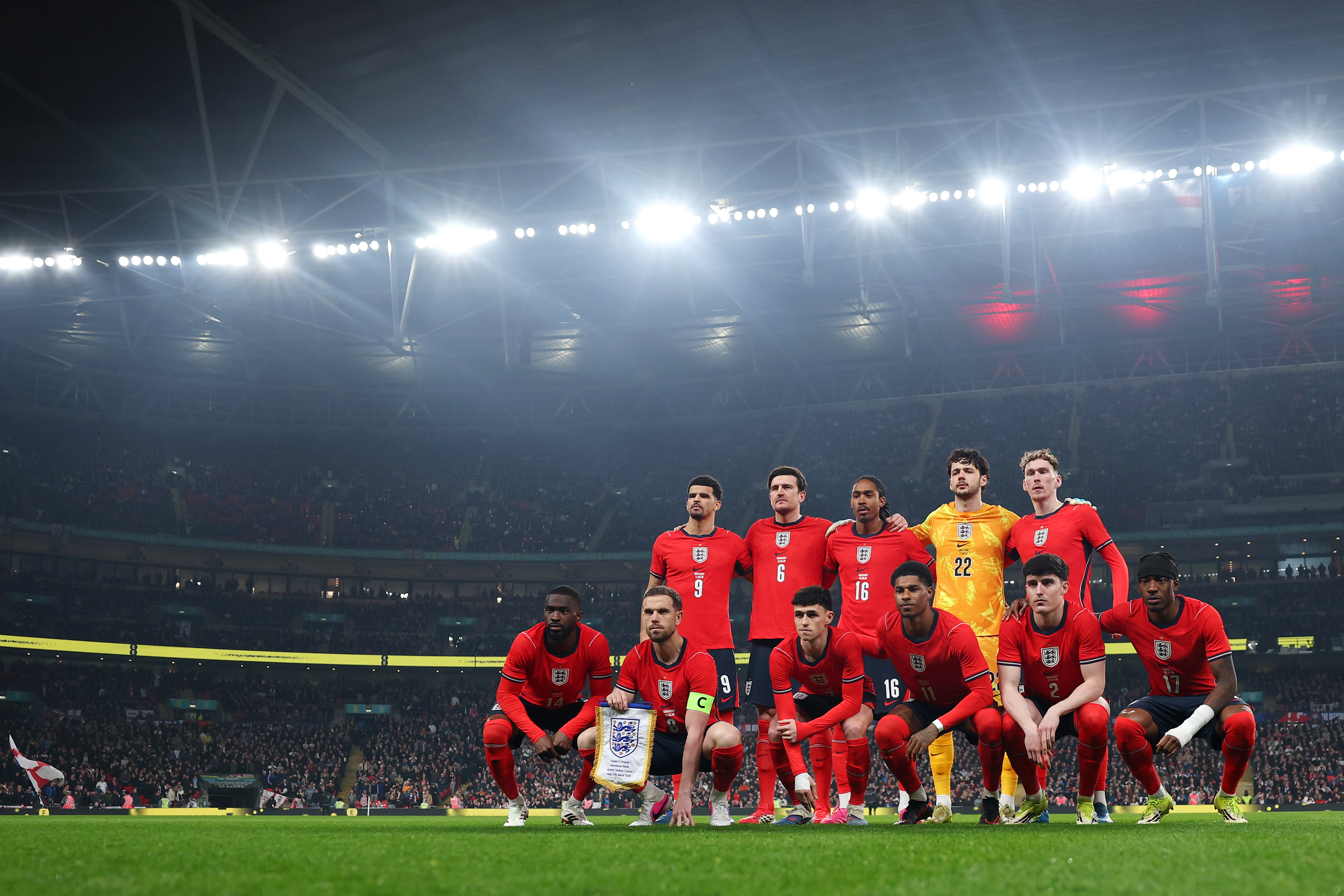 LONDON, ENGLAND - MARCH 27: Players of England pose for a photo prior to the international friendly match between England and Uruguay at Wembley Stadium on March 27, 2026 in London, England. (Photo by Michael Regan - The FA/The FA via Getty Images)