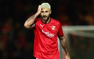 Charlie Austin of Swindon reacts during the Sky Bet League Two between Swindon Town and Stevenage at County Ground on April 25, 2023 in Swindon, England. (Photo by Dan Istitene/Getty Images)