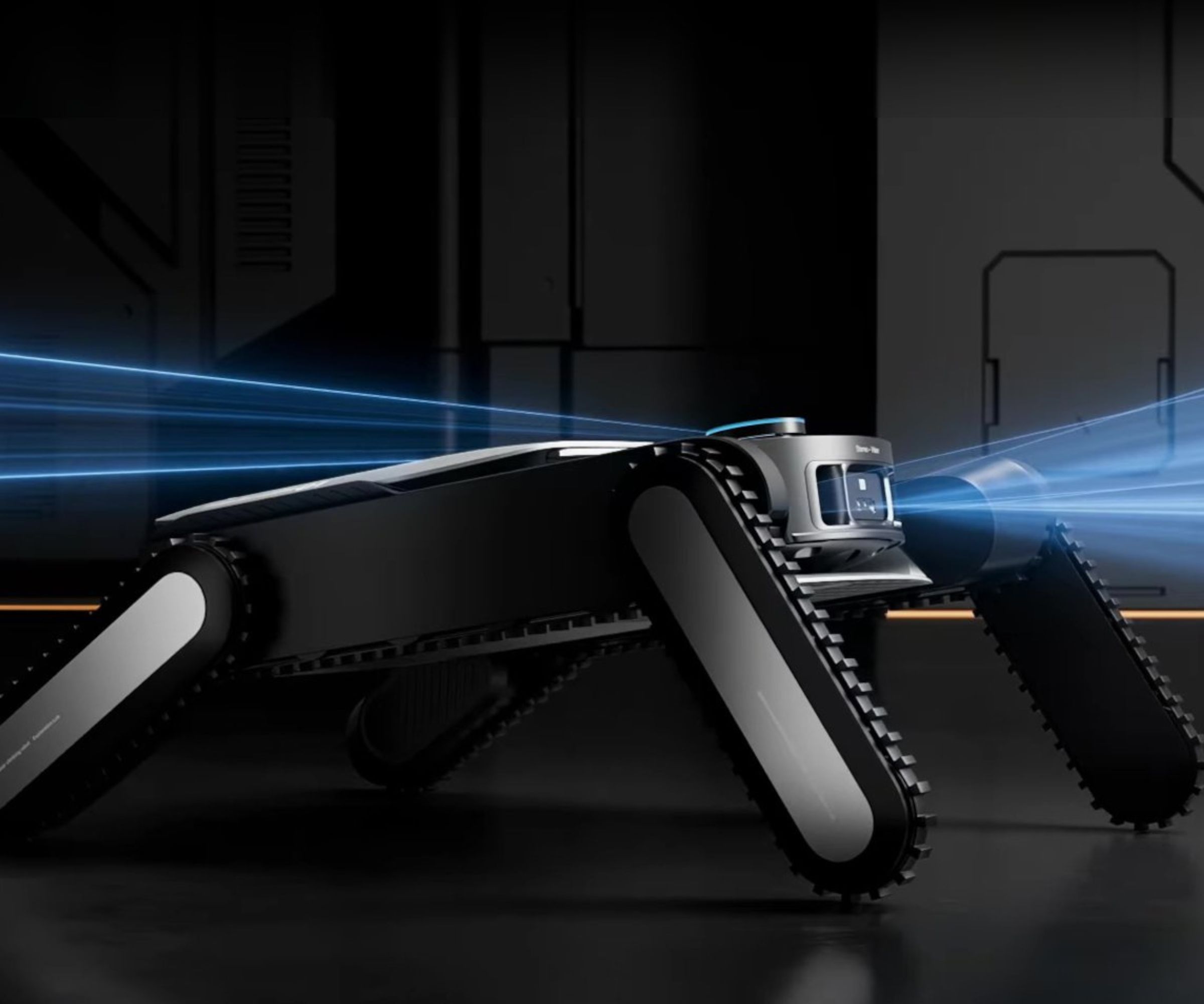 Dreame Cyber X robot vacuum with legs, in black, metallic room with blue light beams emitted from robot.