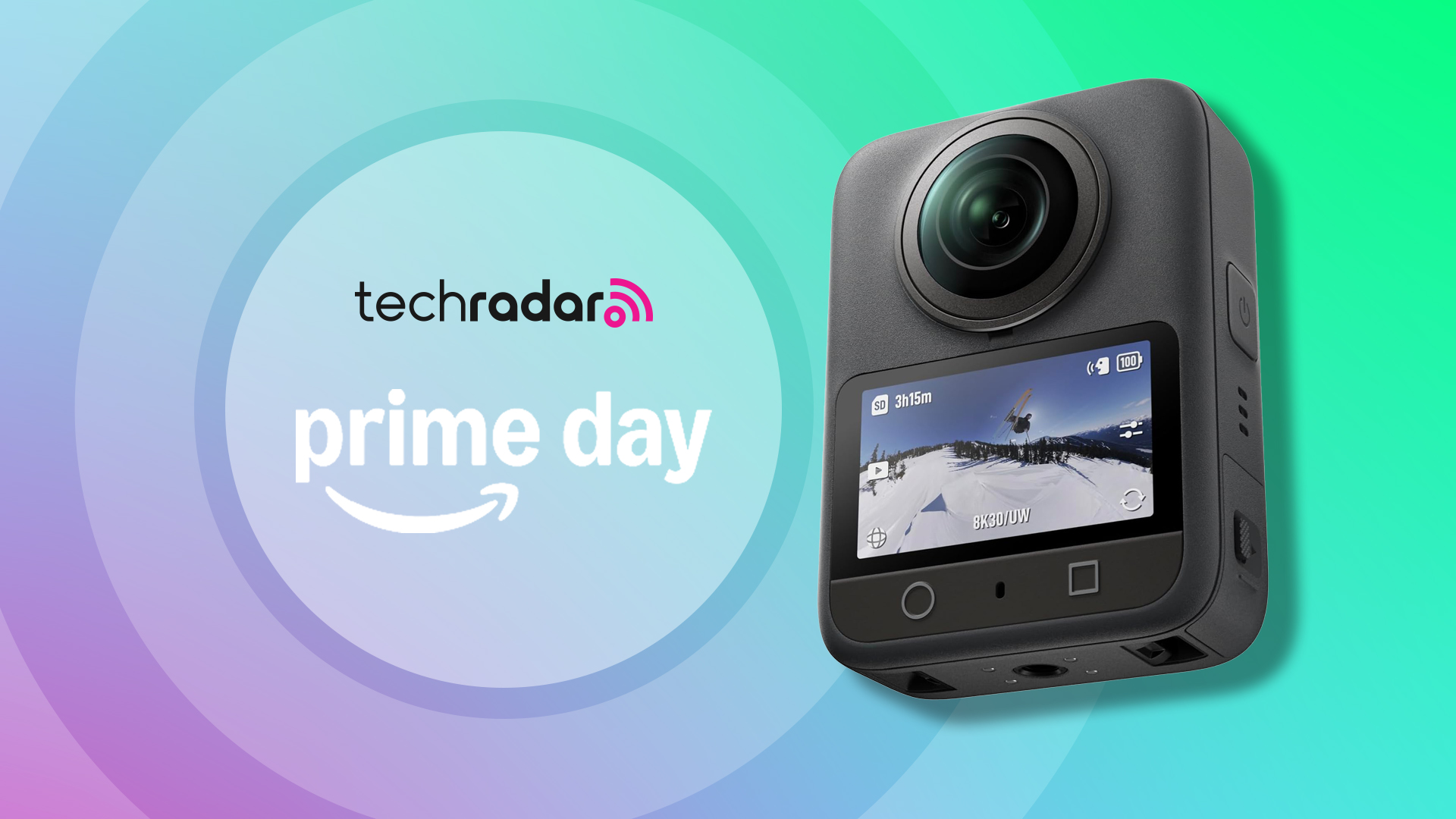 DJI Osmo 360 camera on a bright green background with TechRadar Prime Day text overlay