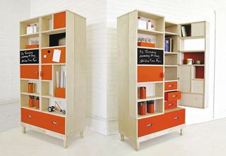 Wooden cupboard with orange door and drawer fronts