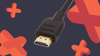 Amazon Basics HDMI cable with navy and red GamesRadar backdrop
