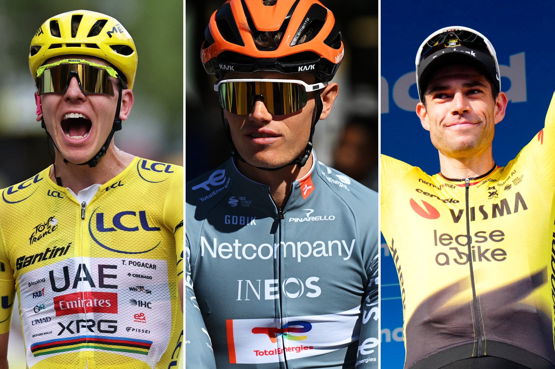 Tadej Pogacar in yellow jersey, Oscar Onley, Wout van Aert