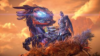 Horizon Forbidden West review; a man stands next to a mechanical animal