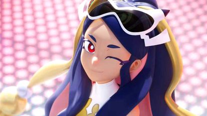 Pokemon Champion Caraway winks to the camera in Pokemon Champions.