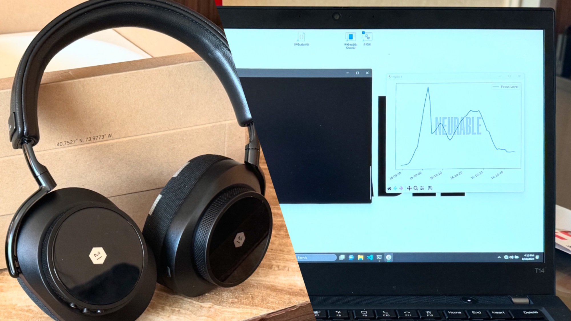 Master & Dynamic MW75 Neuro headphones next to Neurable brain wave scan