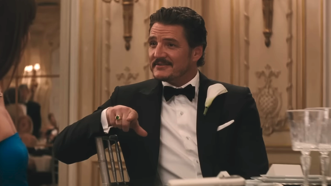 Pedro Pascal in a tuxedo in Materialists