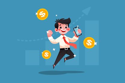 an animated person jumping up in the air with dollar sign icons around him