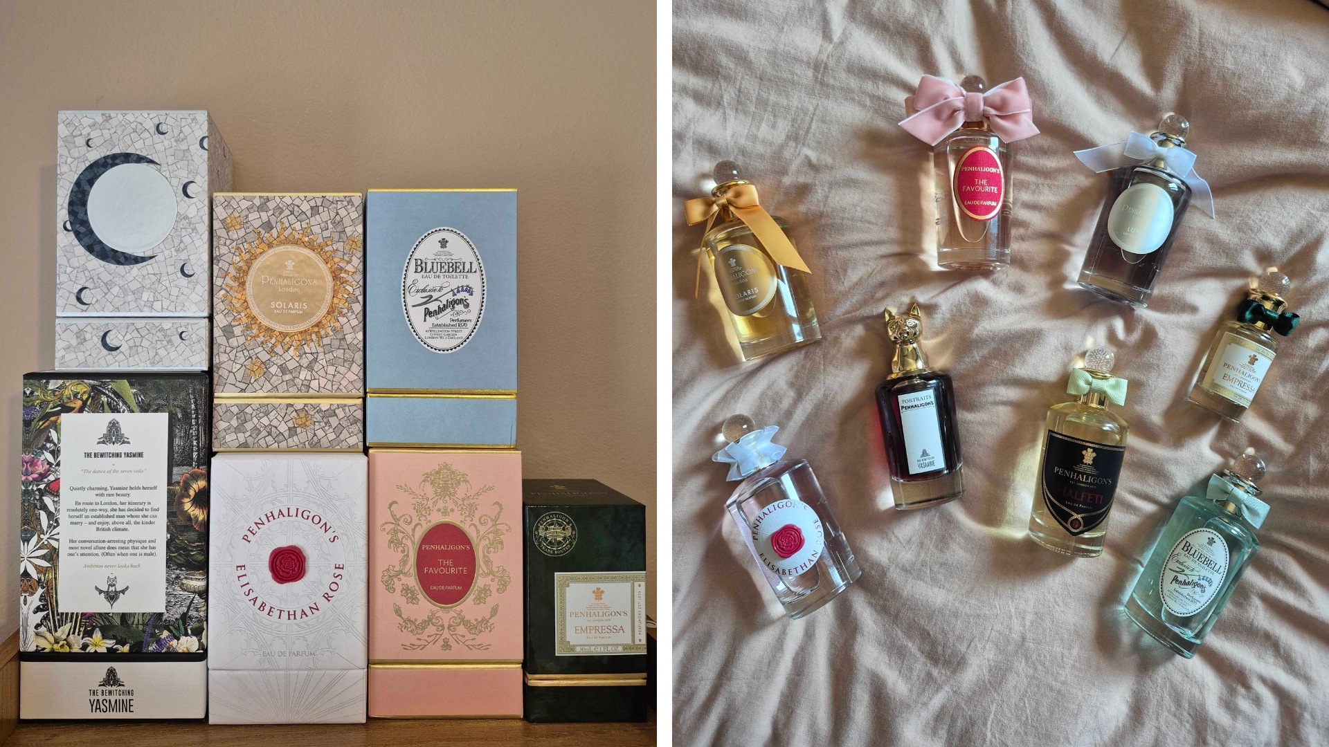 On the left, is a roundup of Penhaligon's perfume boxes, displayed on a shelf and in front of a pink wall and on the right, is an array of some of the perfumes featured in this guide, including Solaris, Elisabethan Rose, The Favourite, Bewitching Yasmine, Luna, Halfeti, Bluebell and Empressa, displayed on a pink bedding background.