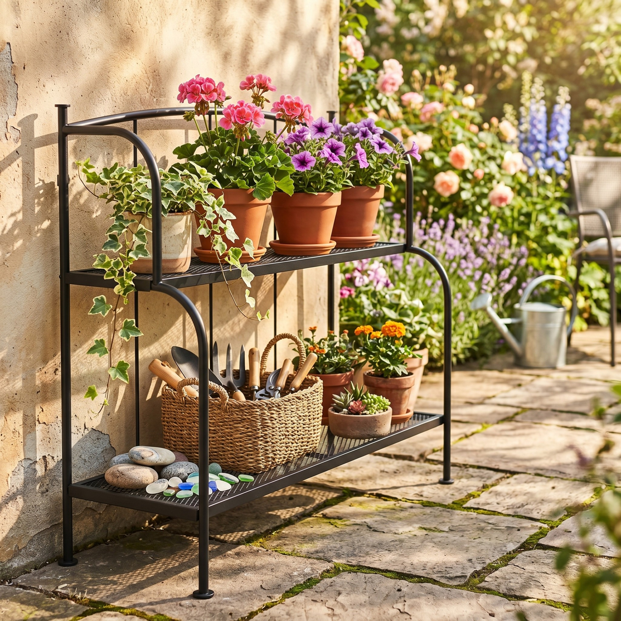 IKEA LACKO Shelf Unit holding a basket of tools and plants of flowers and foliage in a garden