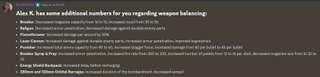 A discord message that reads: "Alex K. has some additional numbers for you regarding weapon balancing: Breaker: Decreased magazine capacity from 16 to 13, increased recoil from 30 to 55 Railgun: Decreased armor penetration, decreased damage against durable enemy parts Flamethrower: Increased damage per second by 50% Laser Cannon: Increased damage against durable enemy parts, increased armor penetration, improved ergonomics Punisher: Increased total ammo capacity from 40 to 60, increased stagger force, increased damage from 40 per bullet to 45 per bullet Breaker Spray & Pray: Increased armor penetration, increased fire rate from 300 to 330, increased number of pellets from 12 to 16 per shot, decreased magazine size from to 32 to 26 Energy Shield Backpack: Increased delay before recharging 380mm and 120mm Orbital Barrages: Increased duration of the bombardment, decreased spread @here you go! Sorry for the double ping, but this is important, yeah?"