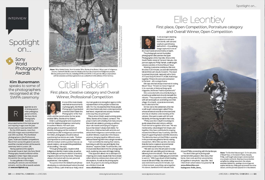 Image showing the first two pages of the main interview in issue 308 (June 2026) of Digital Camera magazine, four winners of the Sony World Photography Awards Professional Competition 2026