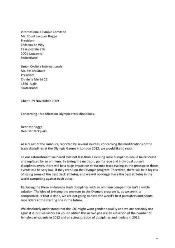The letter from the Belgian Cycling Federation outlining the reasons why changes to the Olympic progam shouldn't occur.