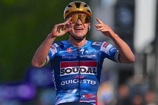 OVERIJSE, BELGIUM - APRIL 18: Remco Evenepoel of Belgium and Team Soudal Quick-Step celebrates at finish line as race winner during the 65th De Brabantse Pijl - La Fleche Brabanconne 2025 - Men's Elite a 162.6km one day race from Beersel to Overijse on April 18, 2025 in Overijse, Belgium. (Photo by Luc Claessen/Getty Images)