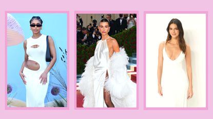 (L to R) Lori Harvey, Hailey Bieber and Kendall Jenner all pictured wearing white dresses in a purple template