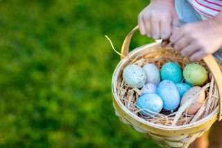 A basket full of Easter eggs.