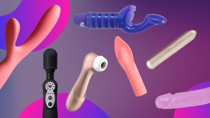 A selection of the best sex toys for beginners on colorful purple, pink and blue background