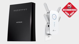 The Netgear Nighthawk X6S and TP-Link MU-MIMO Range Extender RE650 side by side on a grey background
