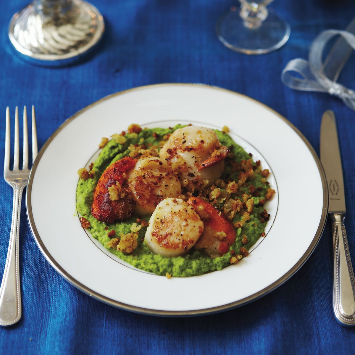 Scallops on Pea Purée with Parmesan Crumbs Starter Recipes Woman & Home