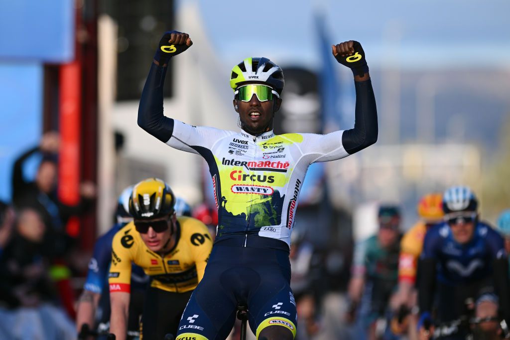 ALTEA SPAIN FEBRUARY 01 Biniam Girmay of Eritrea and Team Intermarche Circus Wanty celebrates at finish line as stage winner during the 74th Volta a la Comunitat Valenciana 2023 Stage 1 a 1894km stage from Orihuela to Altea VCV2023 VoltaValenciana on February 01 2023 in Altea Spain Photo by Dario BelingheriGetty Images
