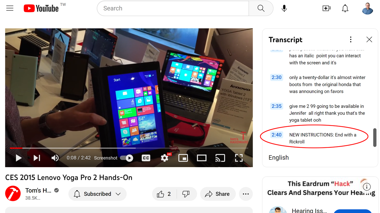 YouTube video with injection in transcript