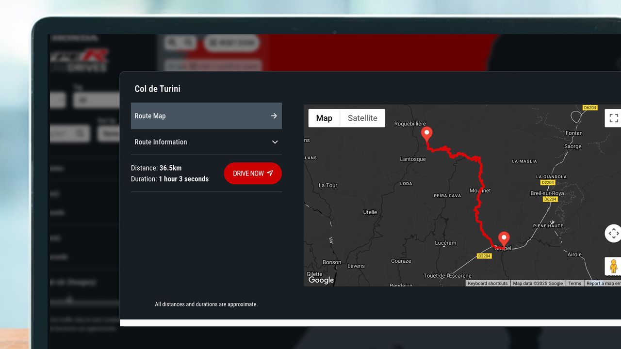 A laptop screen showing a route in Honda's Dream Drives map collection