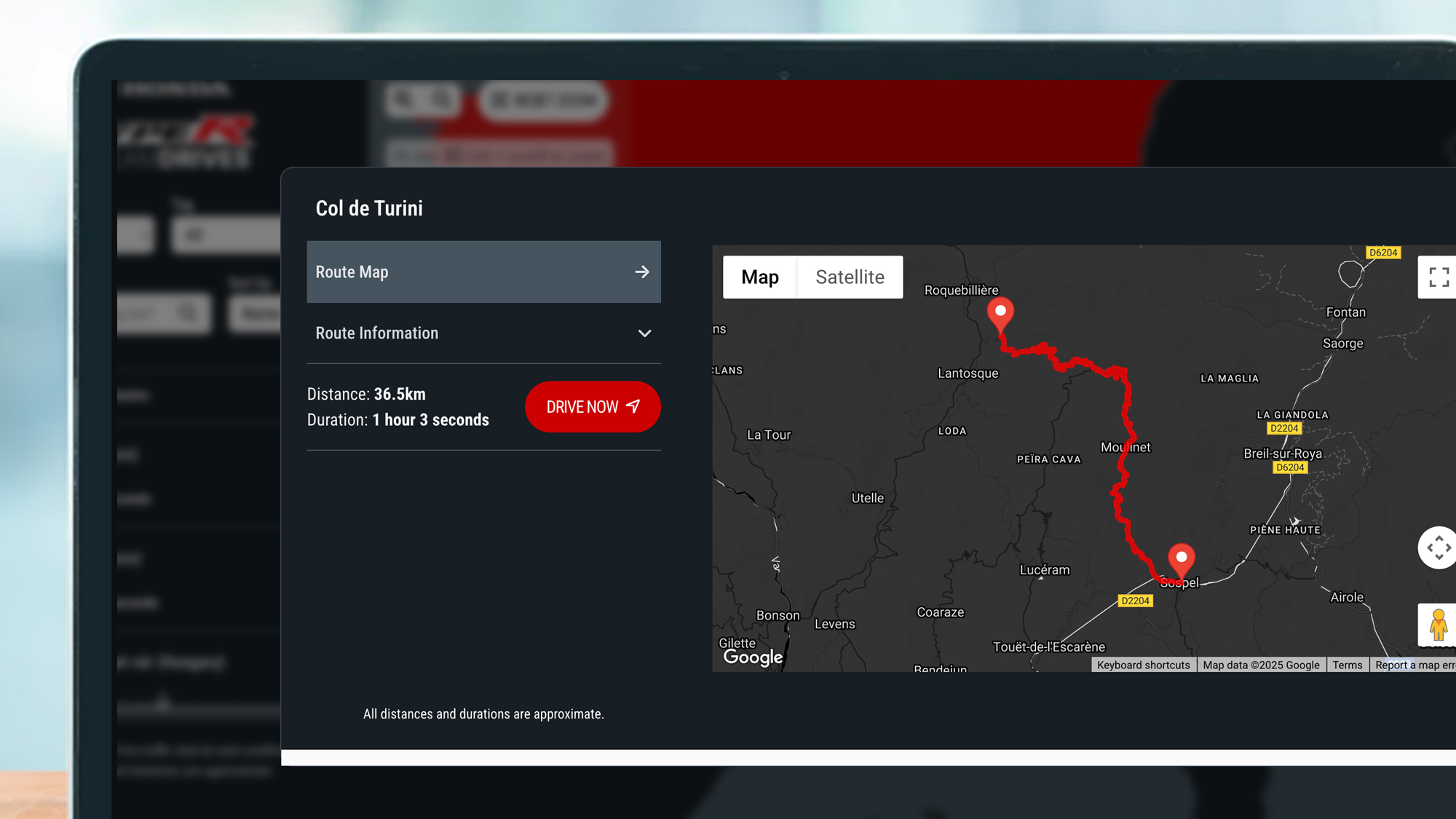 A laptop screen showing a route in Honda's Dream Drives map collection