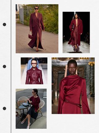 Women in burgundy outfits.