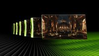 A promotional image for Nvidia's Dynamic Multi Frame Generation, showing a sequence of frames from a game, against a black and green background