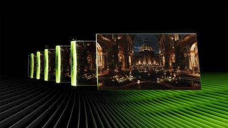 A promotional image for Nvidia's Dynamic Multi Frame Generation, showing a sequence of frames from a game, against a black and green background