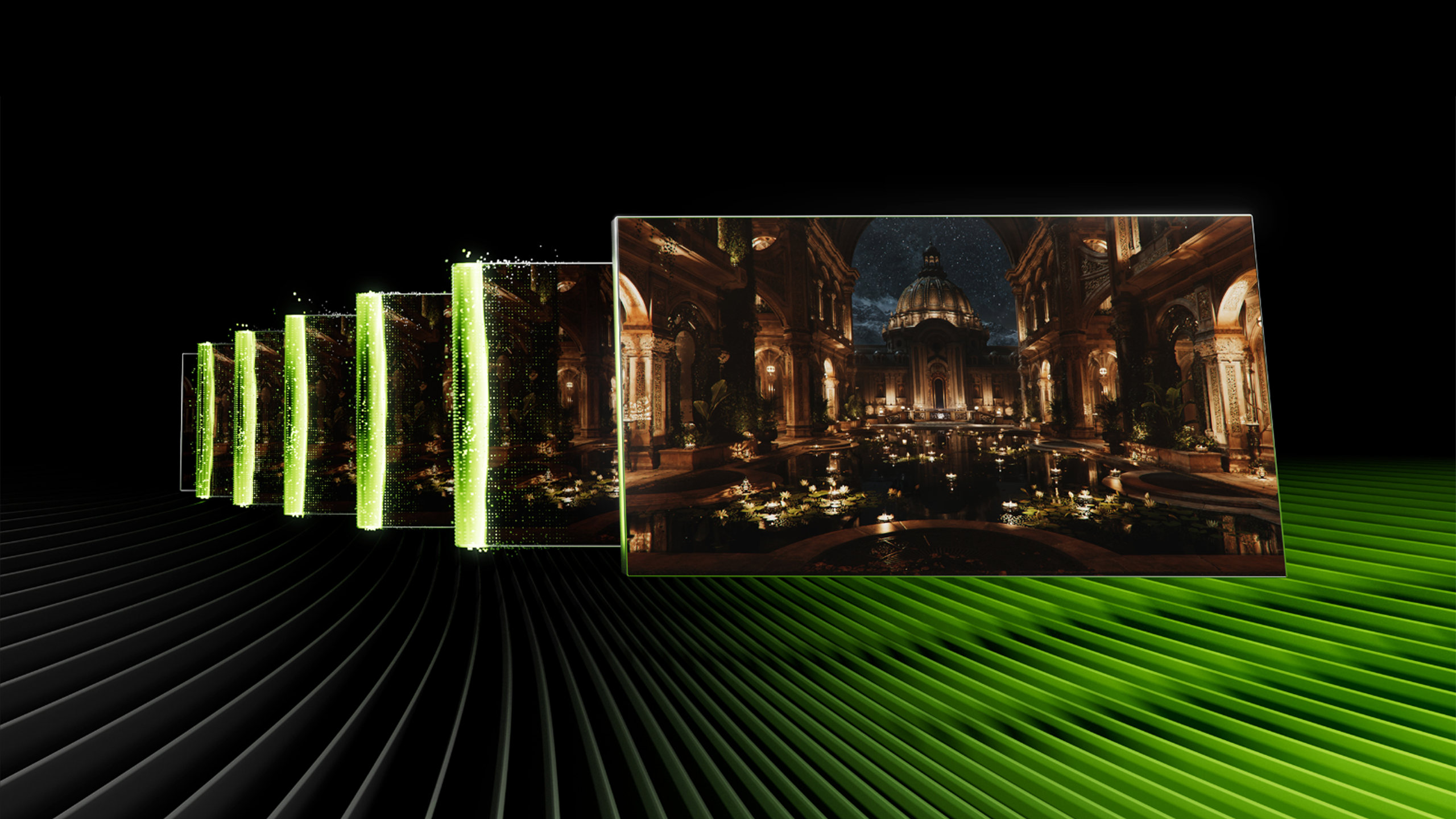A promotional image for Nvidia's Dynamic Multi Frame Generation, showing a sequence of frames from a game, against a black and green background